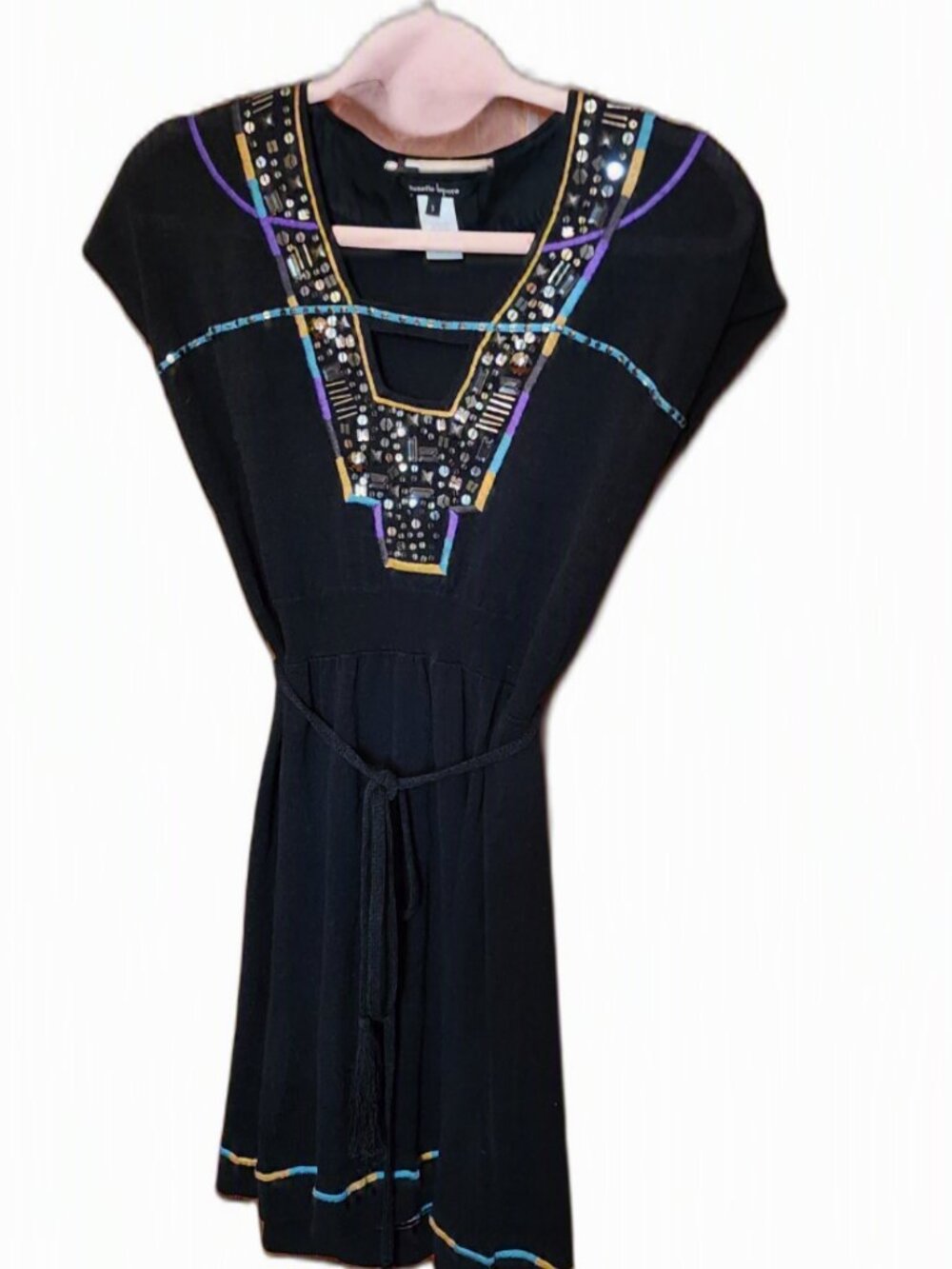 Nanette Lepore Boho Black Knit Dress with Tasseled Tie Sequins and Beading, S
